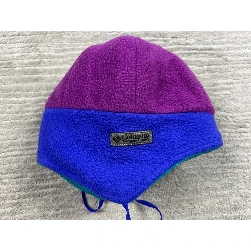 Columbia Earflap Hat Youth L/XL Purple Blue‎ Teal Reversible Fleece Made in USA